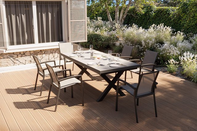 Siena Garden Garten-Essgruppe aus Aluminium, Polyrattan und Steinimitat in Schwarz/Anthrazit, ausziehbarer rechteckiger Tisch mit 6 Diningsesseln für Terrasse und Garten - Bild 1
