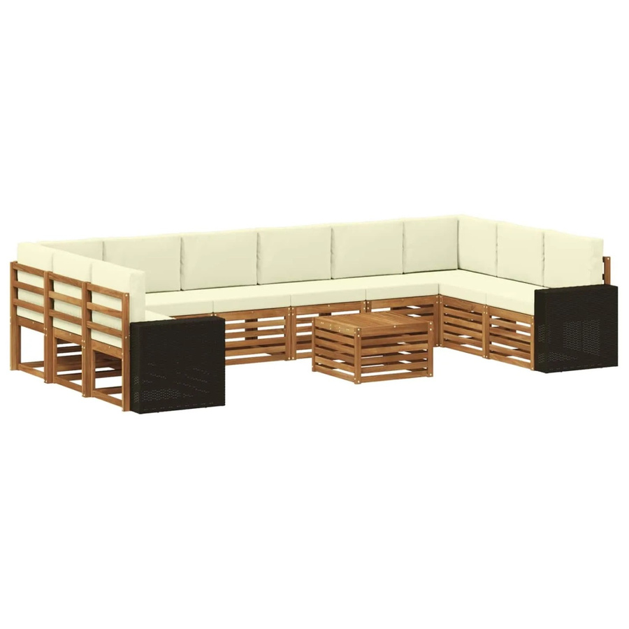 vidaXL Outdoor-Sofagarnitur aus Akazienholz in U-Form, 11-teiliges Set mit Polstern in Natur und Creme, modern mit Latten-Design und wetterfesten Kissen aus Polyester - Bild 2