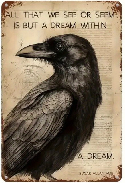 Heavy-D Metall-Wandkunstschild Edgar Allan Poe Gothic-Dekor mit Rabe und Zitat, Weiß/Mehrfarbig, B: 20 cm, H: 20 cm, T: 1 cm - Bild 1