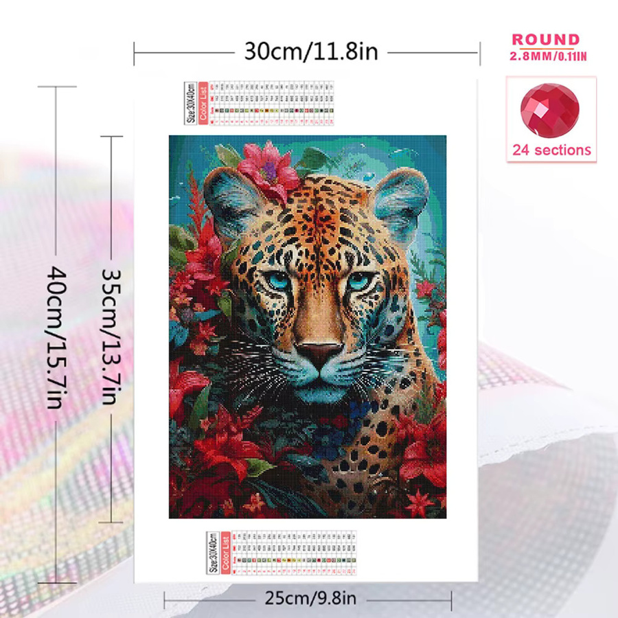 Momoart 5D Diamantmalerei Leopard Tierbild mit Blumen als DIY Diamant-Mosaik Set in Multicolour, Breite: 20 cm, Höhe: 30 cm - Bild 2