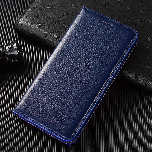 Litschi Echtes Leder Klapphülle für Samsung Galaxy S8 bis S25 Ultra FE Edge Plus in Blau - Bild 1