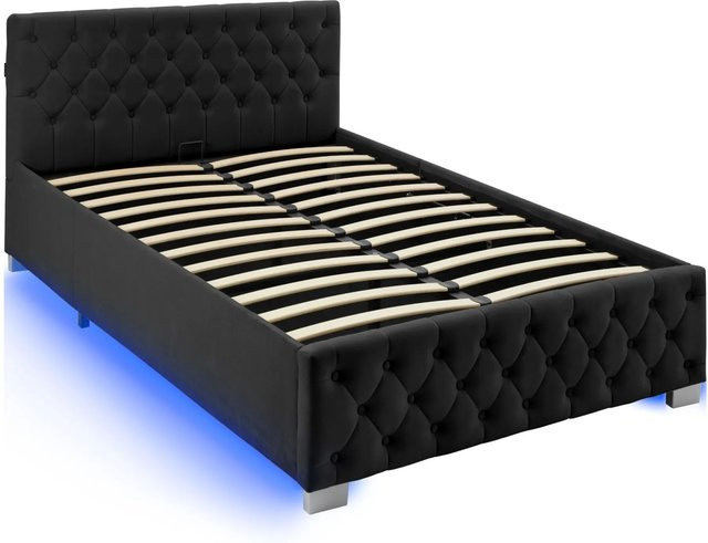 tectake Polsterbett Sedona in Samtoptik mit Steppmuster und indirekter LED-Beleuchtung, Schwarz, B/T/H: 120 x 200 x 83 cm - Bild 2