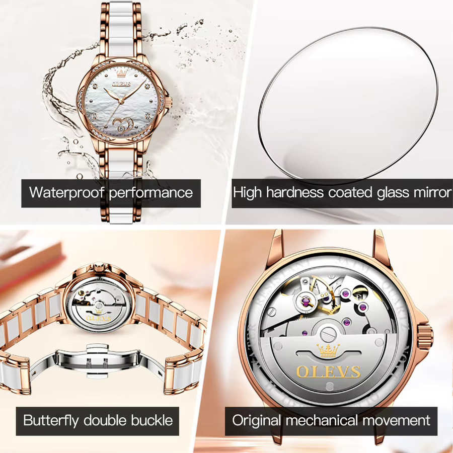 OLEVS Armbanduhr Automatik, Keramik, Roségold, Diamant, Damen - Bild 5