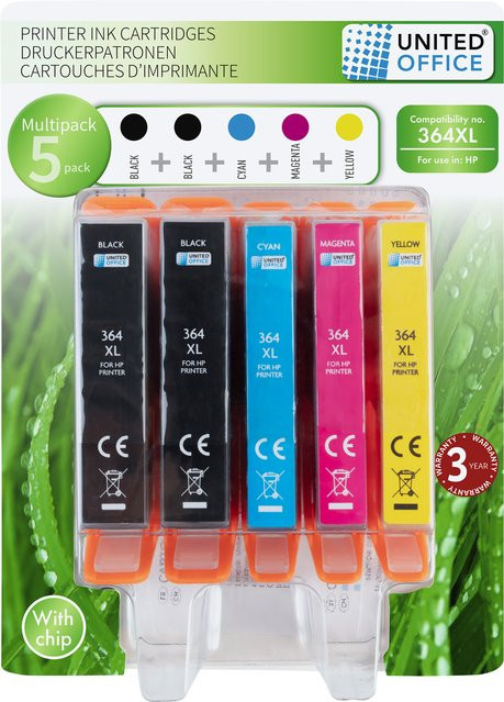 UNITED OFFICE Druckerpatronen HP Multipack 364 XL (5er Pack) in Schwarz und Multicolor für Tintenstrahldrucker - Bild 1