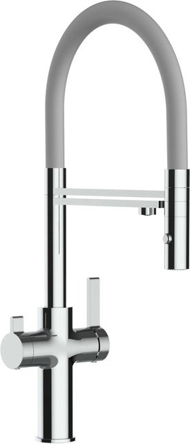 VIZIO Küchenarmatur mit 3-Wege-Wasserhahn, 360° schwenkbarer Auslauf und abnehmbarer 2-Strahl-Handbrause, Verchromt, Grau/Silber - Bild 1