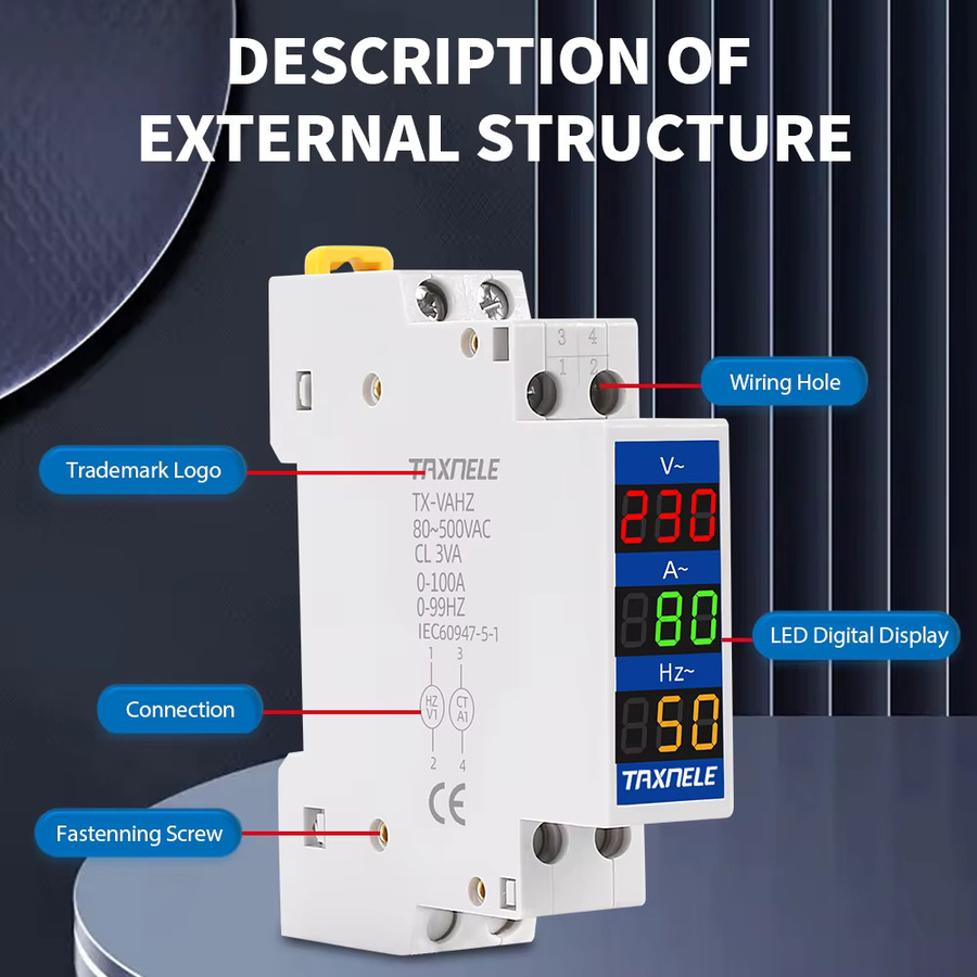 Digitaler Volt-Tester mit LED-Anzeige für DIN-Schiene 18 mm, Modulares Voltmeter und Amperemeter von TAXNELE, Farbe: Weiß, 80–500 V, 100 A - Bild 3