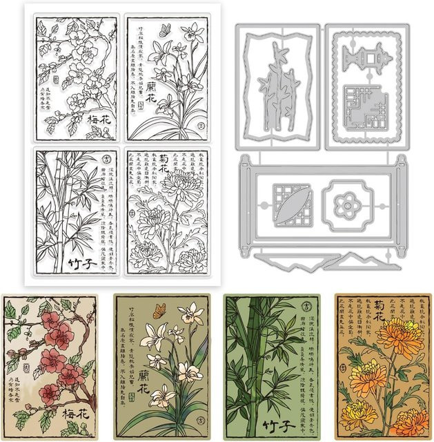 Transparente Stempel und Stanzformen für chinesische Blumen und Pflanzen, Set für DIY-Scrapbooking und Kartenherstellung aus Kunststoff - Bild 1