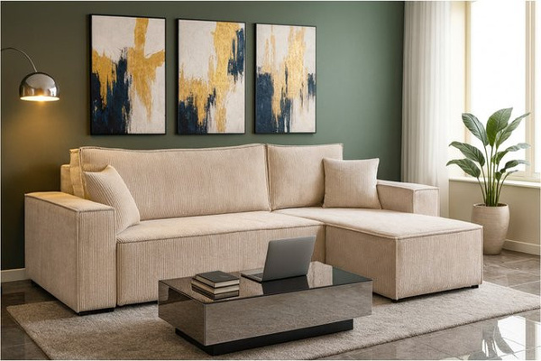 M-Punkt Wohnlandschaft COMO Ecksofa mit Schlafsofa-Funktion und Ottomane in Cord, Creme/Beige, universell konfigurierbar