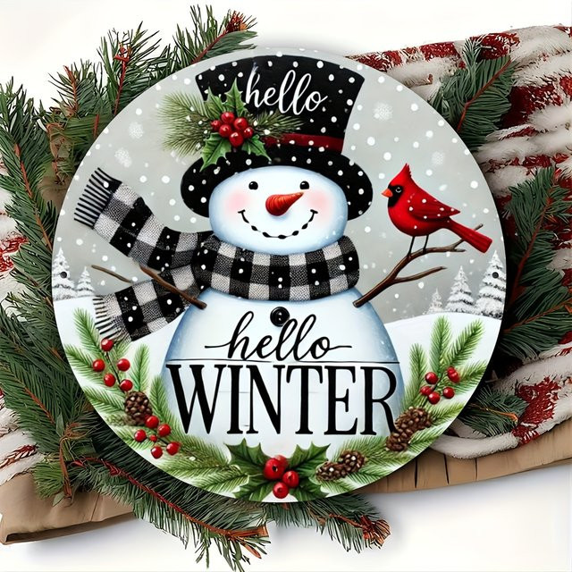 Potdemiel Wintergrüße Metallschild mit Holly-Kranz-Motiv in Weiß, Rundes Vintage-Dekoschild für Wand und Tür - Bild 1