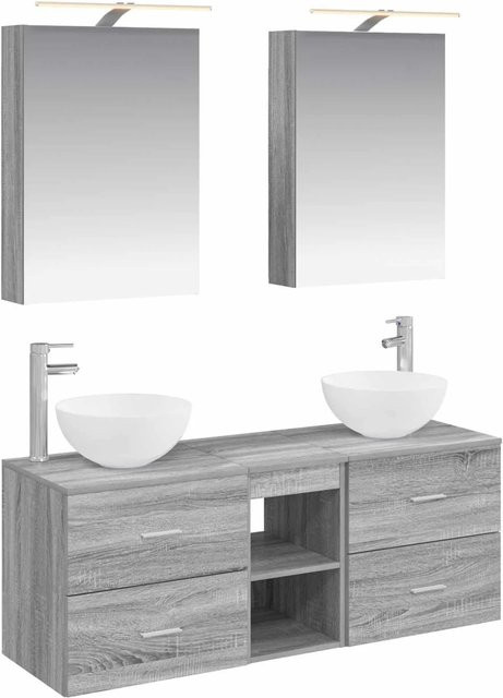 vidaXL Badezimmermöbel-Set in Grau, 5-teiliges modernes Set aus Ingenieurholz und Glas mit LED-Beleuchtung und Spiegelschrank - Bild 1