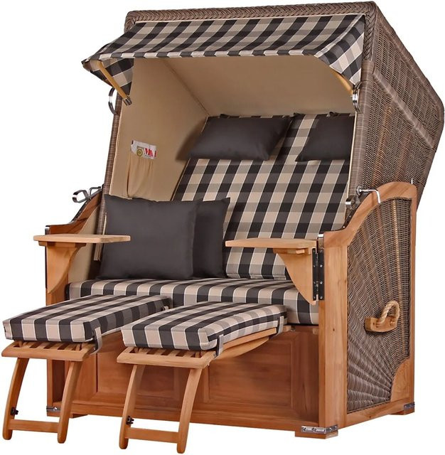 bene,iving Strandkorb Komplettset Schaalsee Modell 505 aus Teakholz und grauem PE-Geflecht mit passender Abdeckung, Rollen und Armlehnen B/T/H: 170 x 125 x 80 cm - Bild 1