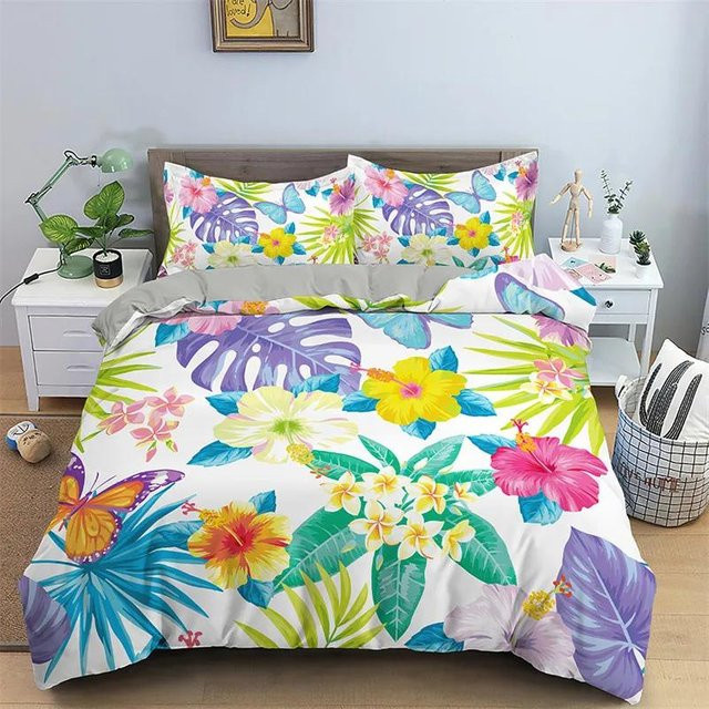 JMG Household Supplies Bettwäscheset mit botanischem Blätter-Blumendruck aus weicher Mikrofaser, Multicolor, B/H: 172 x 218 cm - Bild 1