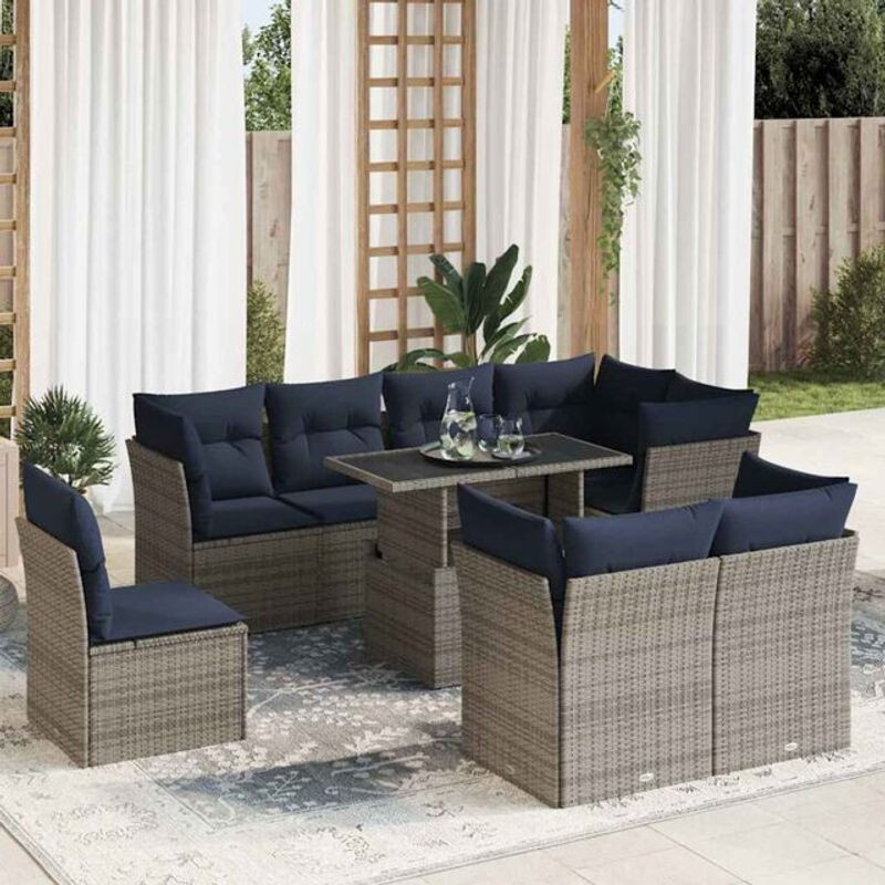 9-teilige Garten-Sofagarnitur aus Polyrattan mit Kissen in Grau von vidaxl - Bild 1