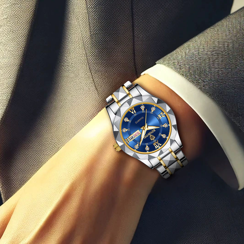 Elegante Quarzuhr für Damen in Gold und Blau mit Datumsanzeige und Nachtlicht aus Metall - Bild 3
