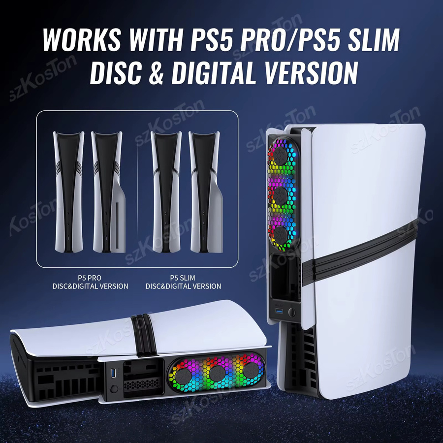 SZKOSTON Externer Lüfterkühler mit LED-Licht für PS5 Pro und PS5 Slim Disc Digital Edition in Schwarz oder Weiß - Bild 2