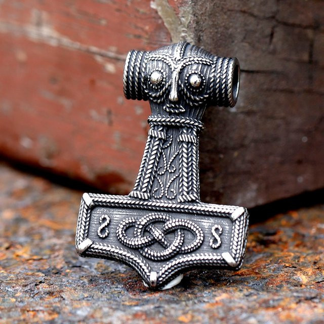 Vikingar Lin Anhänger, Edelstahl, Mjolnir Thors Hammer, Silber, Unisex - Bild 1