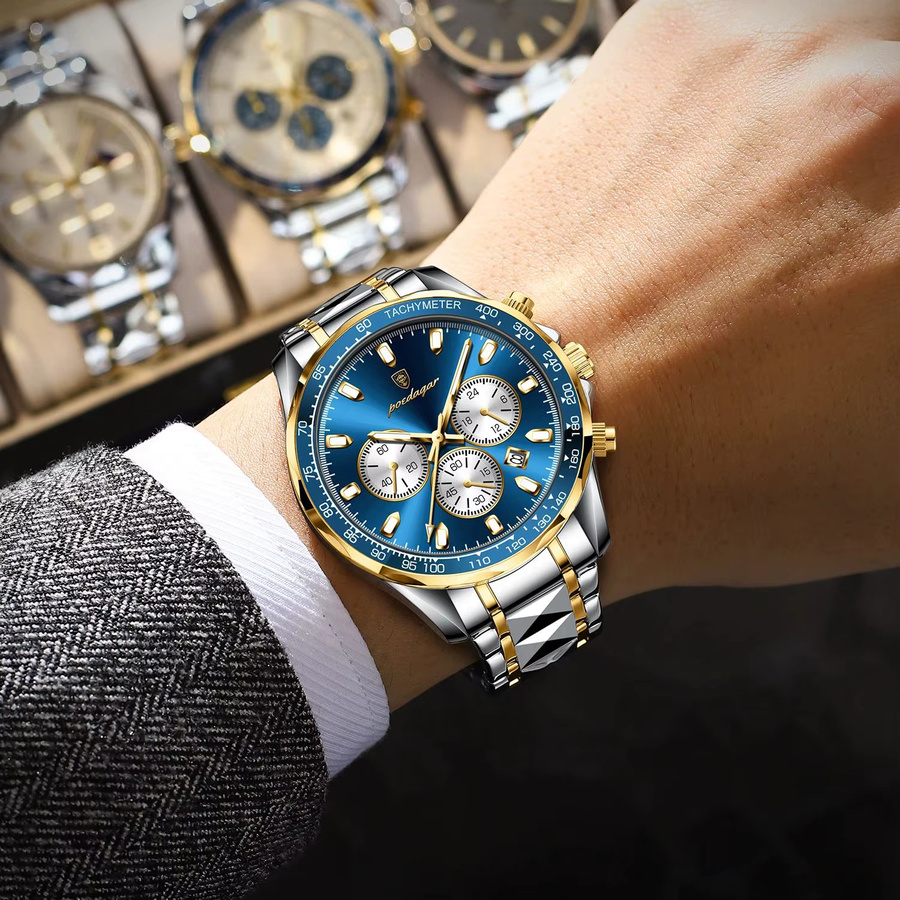 POEDAGAR Armbanduhr Chronograph, Quarz, Edelstahl, Blau, Herren - Bild 5
