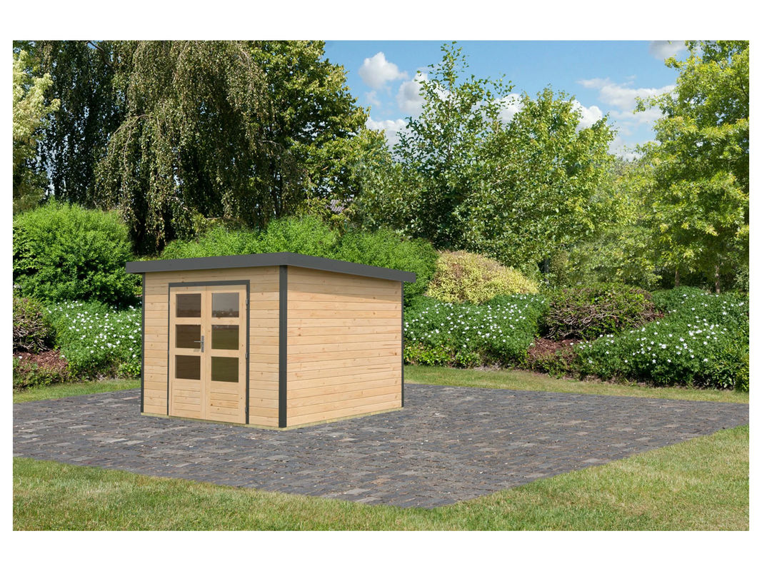 KARIBU Gartenhaus Premium Hybrido in Natur und Anthrazit mit Zylinderschloss und 3 Schlüsseln - Bild 3