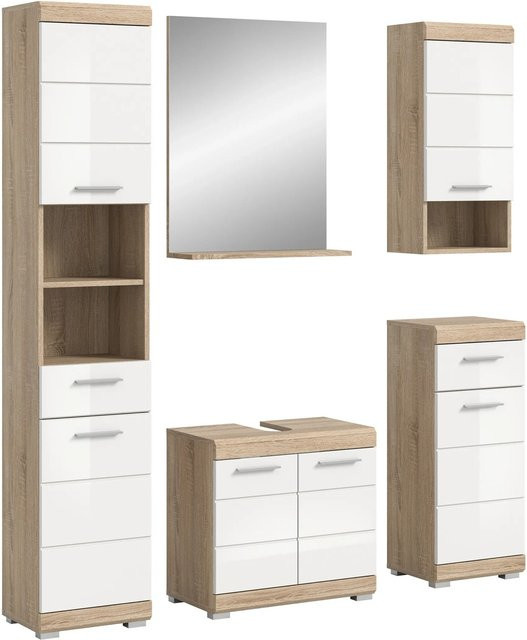Badezimmer-Set Lambada von xonox.home in Eiche und Weiß Hochglanz, 5-teilige Badkombi mit Waschtischunterschrank, Spiegelschrank und Hochschrank, B/H/T: 164 x 191 x 34 cm - Bild 1