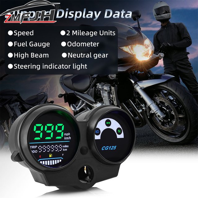 ZMFJH Motorrad LED Tachometer Wasserdichtes Dashboard mit Kilometerzähler, RPM Gauge und Kraftstoffanzeige in Schwarz für CG125 und Fan 125 Titan 125 - Bild 1