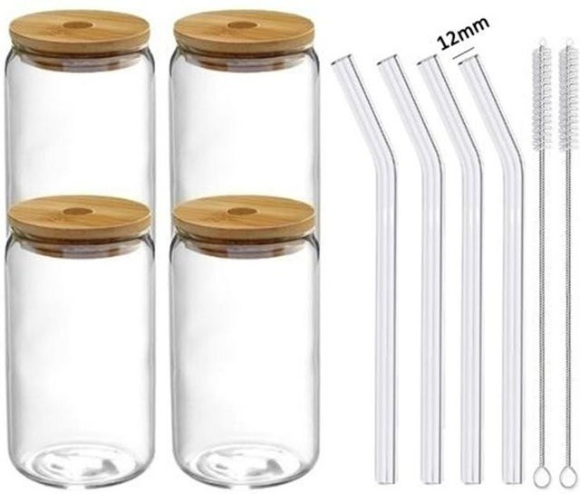 Yiran Furniture Set aus Glasbechern mit Deckel und Strohhalm, transparente Tumbler aus Hochborosilikatglas, 350 ml - Bild 1