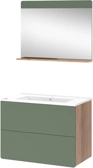 Vicco Badmöbel-Set Izan in Goldkraft Eiche und Grün, 3-teilig mit Waschtischunterschrank und Spiegelschrank, modern und matt - Bild 1