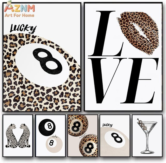 AZNM Moderne Leinwand Wandkunst mit Leopardenmuster, Lucky 8 Ball und Martini-Glas Design - Bild 1