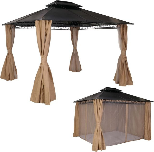 Hardtop Pergola MCW-M81 Pavillon mit Aluminium-Dachstreben und Stahlgestell inklusive Seitenwand und Moskitonetz, Farbe: Beige, B/T/H: 360 x 300 x 75 cm - Bild 1