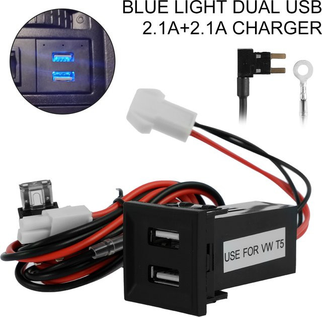 Everso Dual USB Autoladegerät Adapter in Schwarz für Volkswagen T5 Transporter 2003-2009 - Bild 1