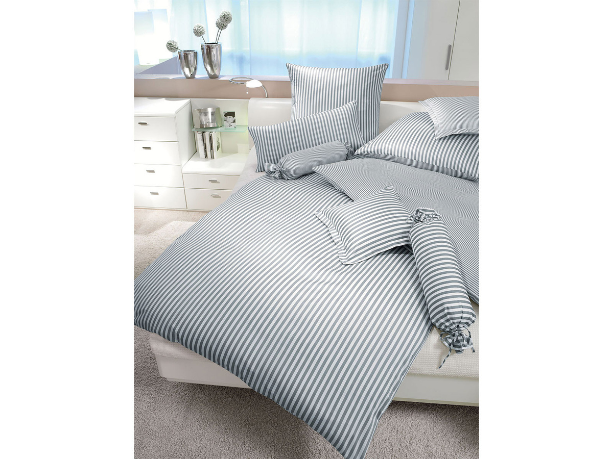 Janine Bettwäsche-Set Modern Classic 3912 aus Mako-Satin mit Streifen in Grau und Blau, Reversibel, Bettbezug und Kissenbezug 40 x 80 cm - Bild 1