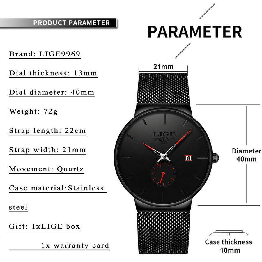 LIGE Armbanduhr, Quarz, Edelstahl, Schwarz, 42 mm, Unisex - Bild 7