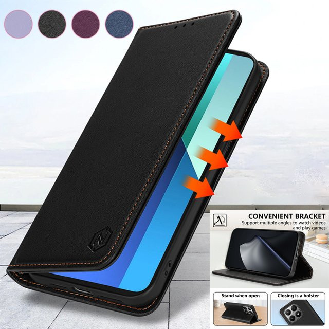 Magnetische Leder-Brieftasche mit Kartensteckplätzen als stoßfeste Schutzhülle für Xiaomi 15T, Redmi 15, Redmi 15C und Xiaomi 15T Pro in Schwarz oder Rot - Bild 1