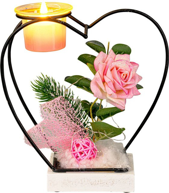 LED-Teelichthalter Winterrose von Viva Domo in Pink aus Metall mit Herz- und Floral-Design - Bild 1