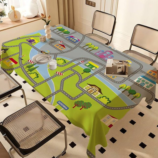 JINGYUE Pet Rechteckige Tischdecke mit Cartoon-Straßen-Print, Wasserabweisend, Polyester, Mehrfarbig, B: 90 cm, T: 140 cm - Bild 1