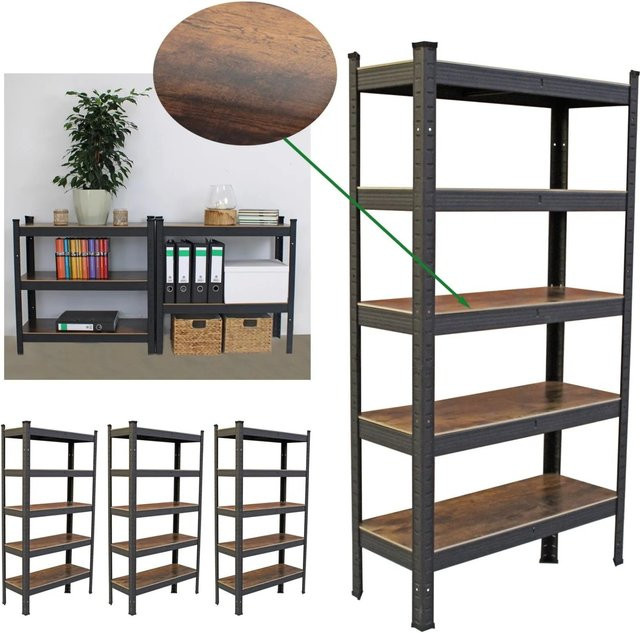 4er Set TRUTZHOLM Wohnzimmerregal im Industriedesign aus Stahl und MDF-Holz, Farbe Schwarz-Braun, B/T/H: 150 x 30 x 75 cm - Bild 1