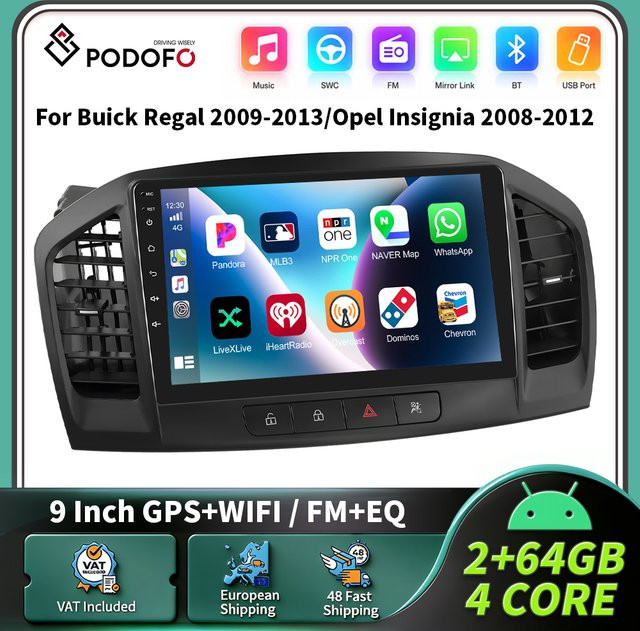 Podofo Kabelloses CarPlay und Android Auto Autoradio mit Bluetooth für Buick Regal 2009-2013 und Opel Insignia 2008-2012 in Schwarz - Bild 1