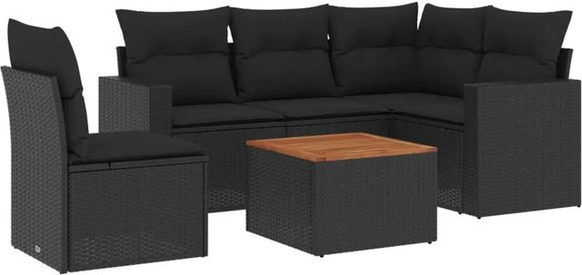 vidaXL 6-teilige Garten-Sofagarnitur aus Poly-Rattan und Akazienholz in Schwarz mit Kissen - Bild 1