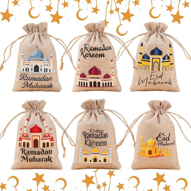 6 Stück Eid Mubarak Geschenkbeutel aus Jute mit Kordelzug in Beige für Ramadan Kareem und Iftar-Partys - Bild 1