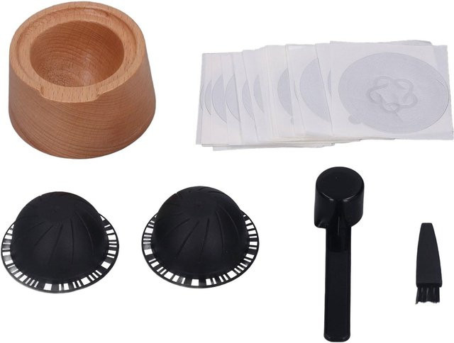 CosyHome Kaffeekapsel Filterbecher Set mit Buchenholzhalter in Schwarz und Braun, inkl. Löffel und Bürste, 230ml, wiederverwendbar - Bild 1