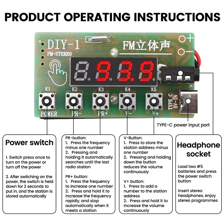 diymore DIY Kopfhörer-Funkmodul-Kit mit AM/FM Zweiband-Digital-Tuner und Stereo-Frequenzmodulation 87–108 MHz - Bild 3