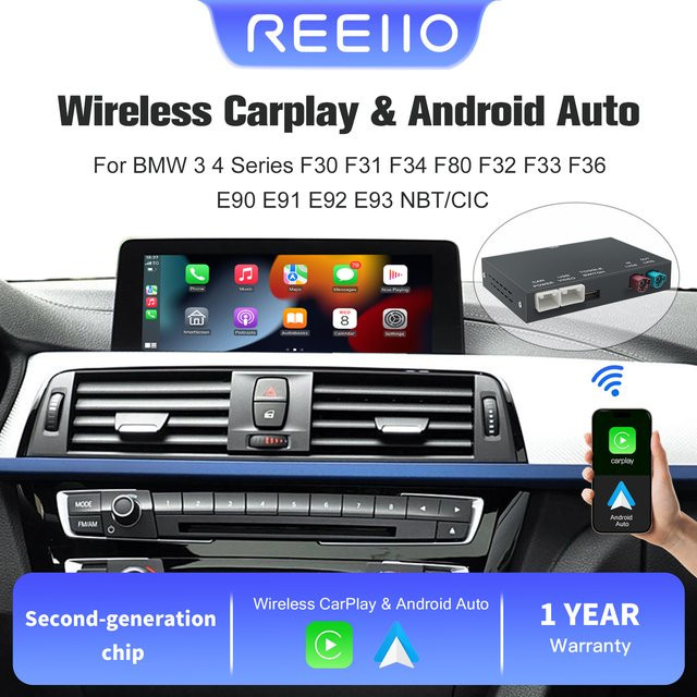 REEIIO Drahtlose CarPlay und Android Auto Decoder Box für BMW NBT CIC Serien, Schwarz - Bild 1