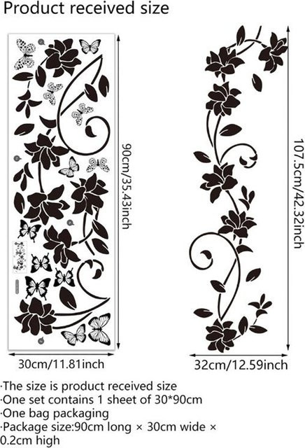Selbstklebender Wandaufkleber von HANDANWEIRAN mit schwarzen Blumen und Schmetterlingen, dekoratives Wandtattoo für Badezimmer, Schlafzimmer oder Glastüren, Breite: 90 cm, Höhe: 30 cm - Bild 1