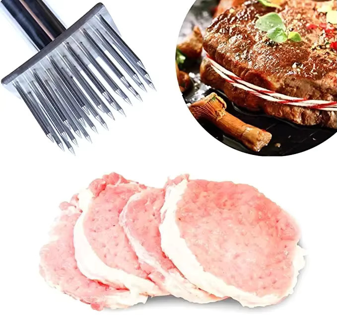 Fleischklopfer aus Edelstahl mit Holzgriff zur Fleischzartmachung für Rindfleisch und Steaks in Silber und Weiß - Bild 2