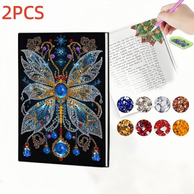 2er Set Diamond-Painting-Notizbuch mit Schmetterlingsmuster aus PU-Leder und Lesezeichen in Multicolour - Bild 1
