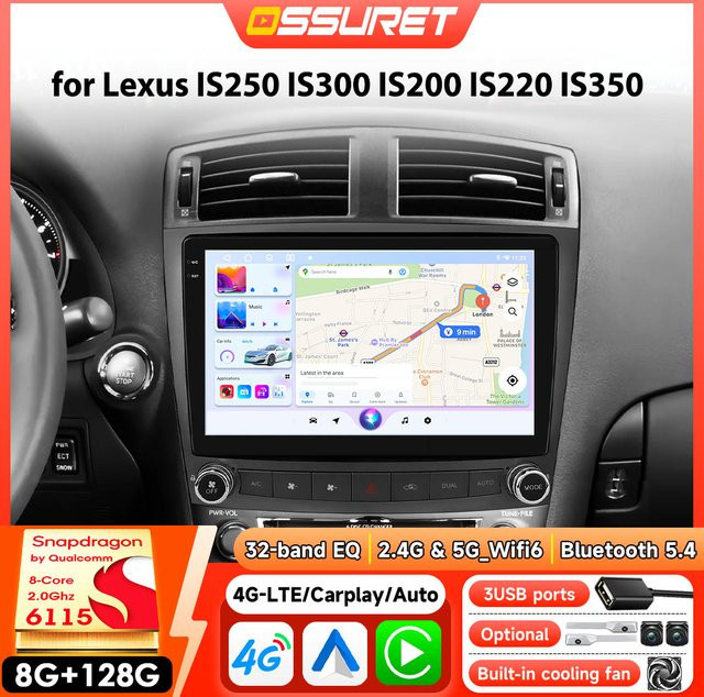 OSSURET Multimedia Autoradio mit Video Player für Lexus IS250 200 300 350 (2006-2012) mit Carplay, Android Auto, 4G, DSP und GPS in Schwarz - Bild 1