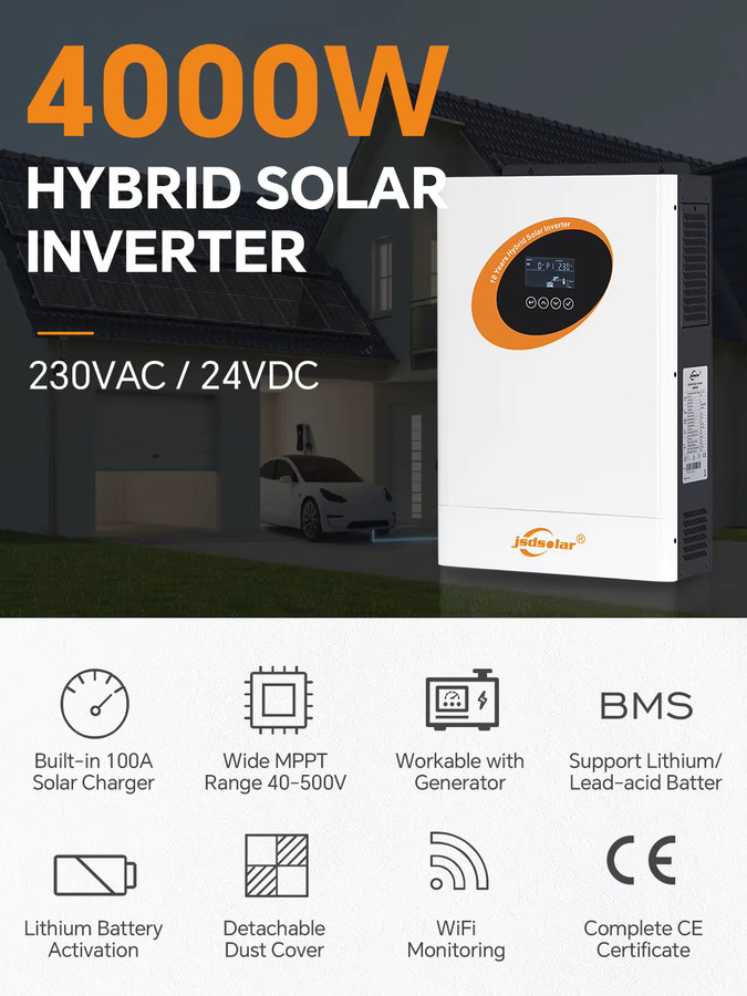 Jsdsolar Hybrid-Solarwechselrichter 4KW 24V mit MPPT 100A Solarladegerät, Reine Sinuswelle, PV 500VDC, Off-Grid, mit WLAN und LiFePo4 Unterstützung, Weiß - Bild 8