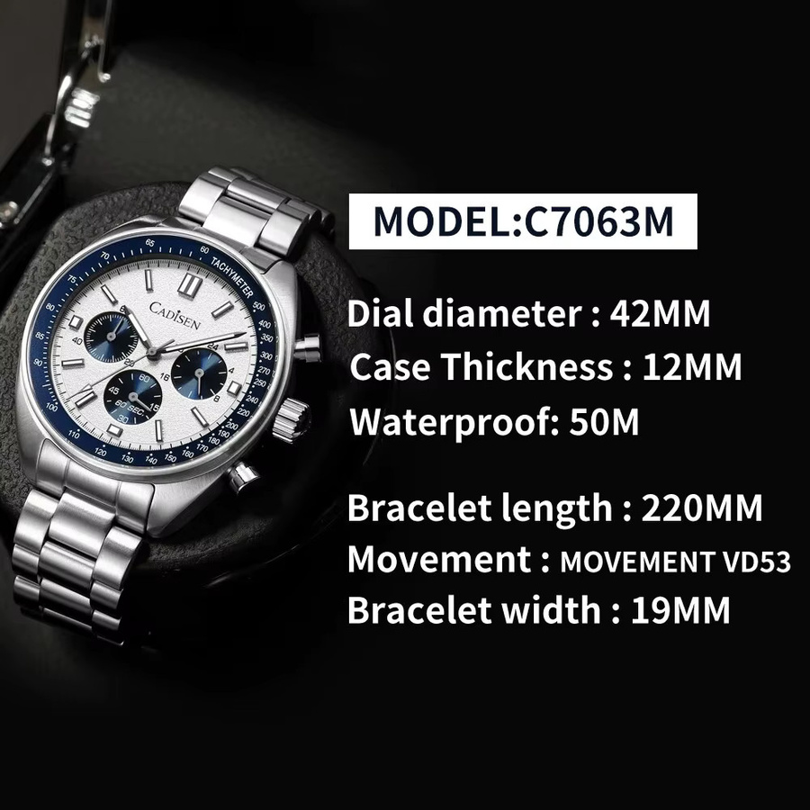 CADISEN Chronographenuhr, Quarz, Edelstahl, Weiß, Herren - Bild 5