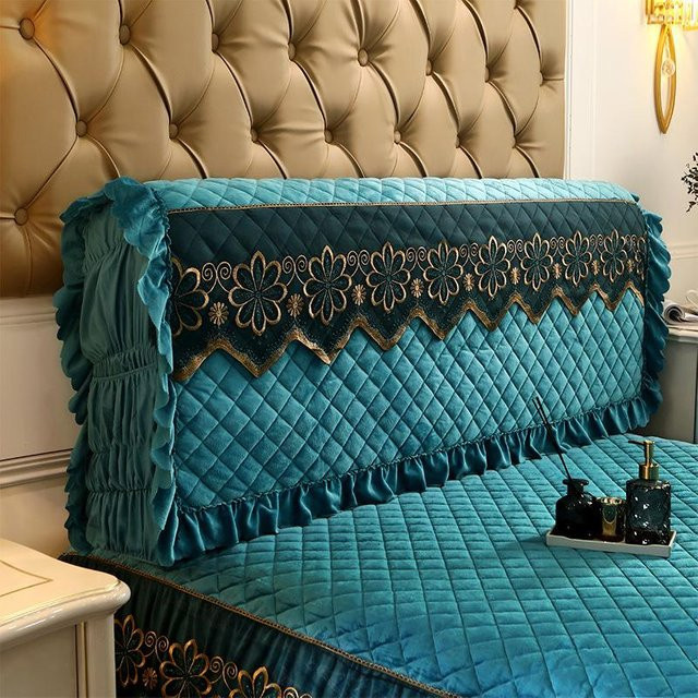 Super Six Bettkopfteilbezug aus gestepptem Plüsch und Spitze in Türkis, staubdichter Bettrückenbezug für Kingsize- und Twin-Size-Betten, B/H: 220 x 60 cm - Bild 1