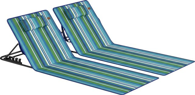 2er Set Outsunny Strandmatten mit verstellbarer Rückenlehne und Kopfkissen, klappbare Sonnenliegen aus 600D Oxford-Stoff und Stahlrahmen, Blau-Grün-Weiß - Bild 1