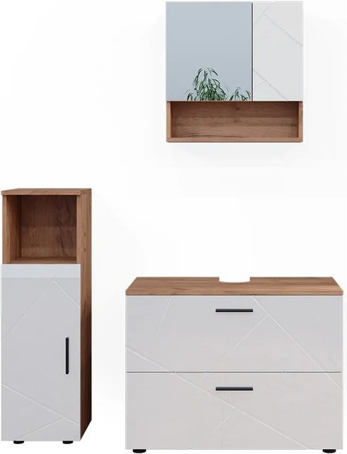 Vicco Badmöbelset Irma in Eiche und Weiß Hochglanz, modernes 3-teiliges Badezimmer-Set mit Spiegelschrank und Midischrank - Bild 2
